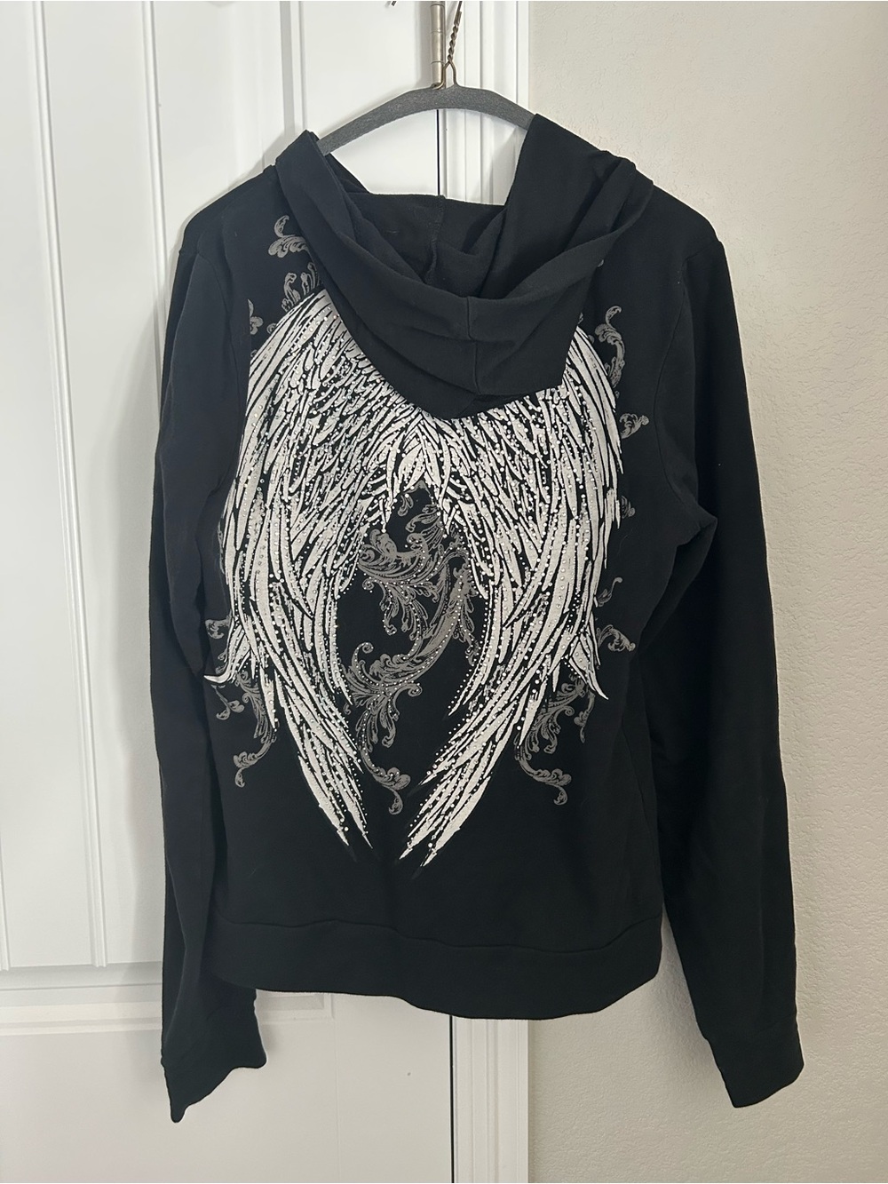 Black Zip Hoodie with White Angel Wing Graphic - Picture 4 of 4